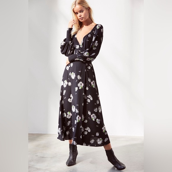 Free People So Sweetly Floral Black Midi Dress with Slit - Picture 4 of 8